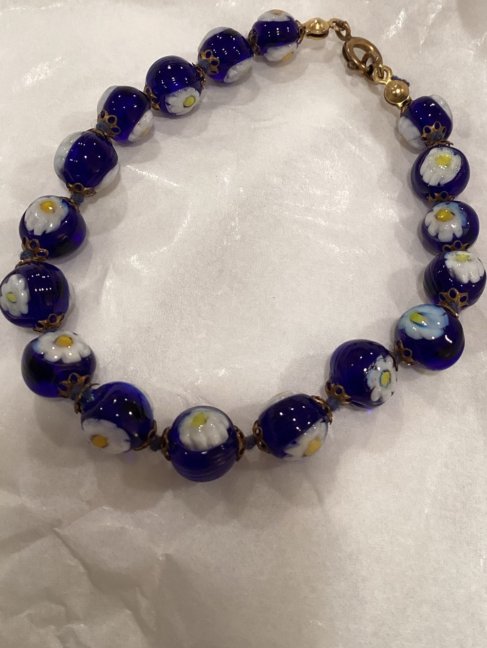 Murano Glass Beaded Bracelet Venetian Millefiori On Cobalt Blue Beads